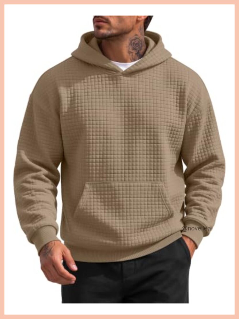 Mens Waffle Knit Pullover Hoodie Kangaroo Pocket Casual Sweatshirt